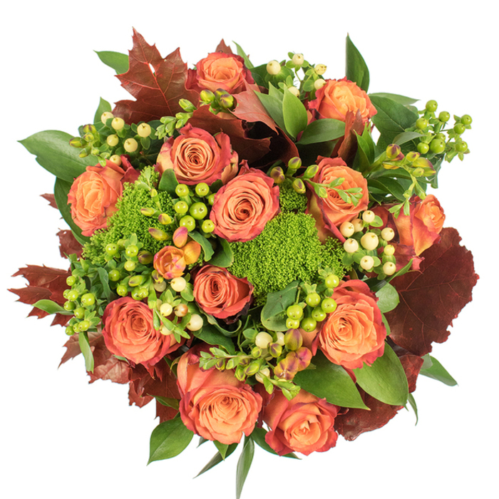 This top-down view presents a richly textured, autumn-inspired bouquet that reads like a small landscape of seasonal colour. Numerous large roses dominate the circular composition, each bloom opening in concentric layers of warm peach and orange that deepen to coral and russet at the petal edges, producing a natural ombré effect. Interspersed among those classic roses are clusters of Hypericum berries in contrasting tones - bright, almost lime green alongside soft, creamy yellow berries - which add glossy punctuation and a playful roundness to the visual field. Plush mounds of Green Trick dianthus appear like miniature green hillocks or moss, their dense, velvety appearance offering an unexpected tactile counterpoint to the smooth, velvety rose petals. A backdrop of fresh green foliage fills the bouquet, while larger, lobed leaves in rich burgundy and reddish-brown are positioned to suggest falling autumn leaves and to deepen the colour story. The arrangement feels intentionally abundant and balanced, with the darker leaves grounding the warm florals and the varied greens keeping the composition lively. Light falls gently across the blooms, revealing the tactile differences between velvet petals, glossy berries, and textured dianthus, while casting soft shadows that create a sense of depth. Suited to a harvest table, a cosy mantel display, or as a thoughtful seasonal gift for someone in Castelnau or nearby Barnes, the bouquet radiates warmth, gratitude, and the quiet richness of autumn.