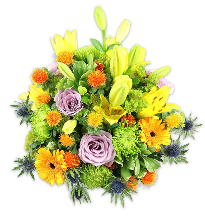 A richly coloured, densely composed bouquet presented on a clean white field, designed to celebrate contrast and texture while remaining unmistakably elegant. Prominent yellow Asiatic lilies reach upward, some fully open to reveal freckled throats and stamens, others held as long, graceful buds that add vertical emphasis. Two soft lavender roses sit near the centre, their layered petals cooling the palette with gentle romance. Bright orange Gerbera daisies with dark centres appear like cheerful medallions, while abundant lime-green cushion chrysanthemums create a ruffled, tactile foundation that makes the overall shape feel generous and plush. Small, globe-like accents in vivid orange and sunshine yellow are interspersed for sparkle and playful texture, catching the eye across the surface.
Anchoring the warm tones are several blue-grey sea thistles (eryngium), their starry, spiky bracts emerging from the lower and side planes to lend a rustic, almost maritime architectural note - a small nod to the nearby River Thames and the landscape around Barnes Bridge. Varied green foliage, from broad lily leaves to fine, glossy fillers, wraps the composition in depth and frames each bloom. The bouquet has a bright, late-spring temperament: fragrant with lilies and subtly romantic with roses, suitable as a congratulatory present, a thoughtful get-well gesture, or a lively decorative centrepiece in a Castelnau parlor. Its mix of classical elegance and unexpected textures reflects the careful craft of a local florist familiar with weekend stalls and village tastes.