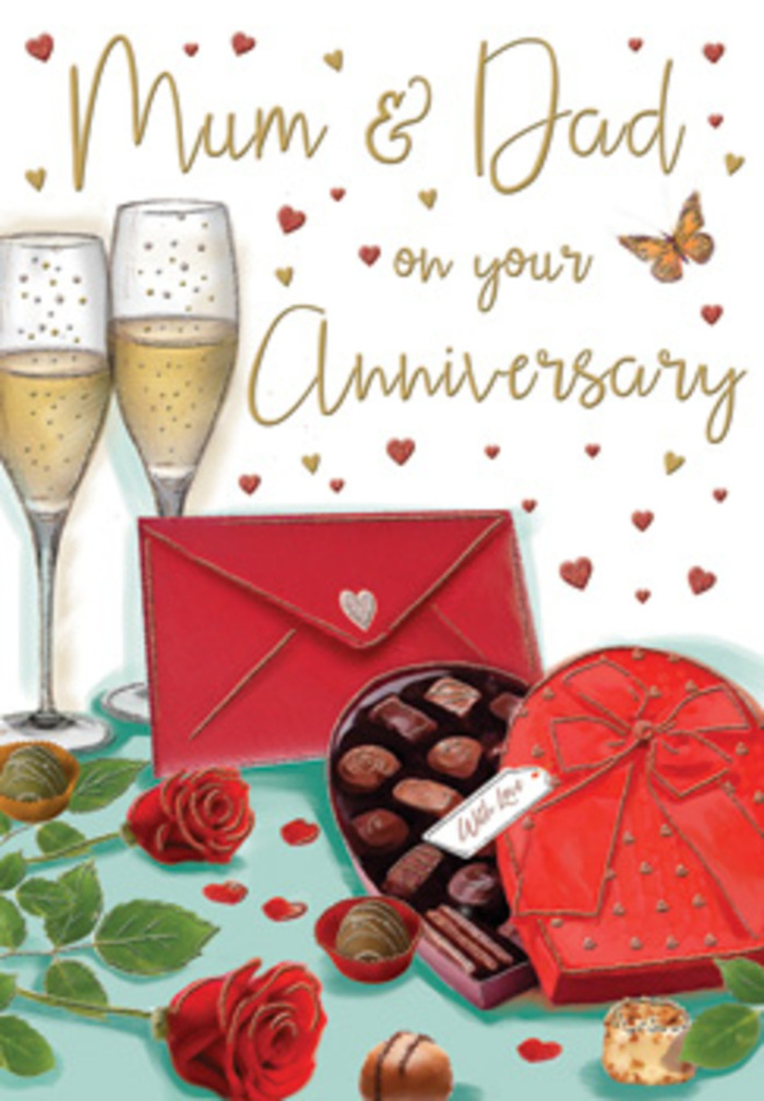 The illustrated anniversary card is designed like a carefully staged still life, capturing the feeling of a private celebration shared by parents somewhere in the quiet streets off Castelnau. At the centre, two tall champagne glasses rise gracefully from the table, their slender stems clear and delicate, the bowls filled with pale, effervescent champagne. Tiny golden bubbles climb steadily upwards, giving the impression of movement and the soft sound of a toast about to happen. In front of the flutes sits a luxurious, heart-shaped chocolate box, its rich red casing warmed by the surrounding light. The lid is tipped open to reveal a neat array of chocolates, some round and domed, others square and textured, arranged like little treasures waiting to be savoured together. The box is finished with an elegant red ribbon tied into a full bow, the loops and tails draping gracefully over the edge. Nestled nearby are two vivid red roses, their petals plush and deeply layered, surrounded by fresh green foliage that adds contrast and life, reminiscent of a hand-tied bouquet ready to go out for same-day delivery around Castelnau and Barnes. Scattered chocolates on the table hint at a relaxed, indulgent moment, not overly formal, just comfortably intimate. Above and around this central arrangement, tiny crimson and metallic gold hearts drift across the background, framing delicate script that celebrates Mum & Dad with warmth and affection. A bright scarlet envelope rests at the side, sealed and poised, suggesting a handwritten message full of memories, promises, and thanks. The overall scene is softly lit, evoking the cosy glow of an evening at home, where long-lasting love is celebrated quietly but deeply.