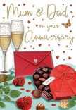 This anniversary card illustration unfolds like a tender little story of devotion, set against a backdrop of warm reds, golds, and soft light that feels at home in a Castelnau living room. In the foreground, two slender champagne flutes stand close together, their clear glass catching the light and turning the pale golden champagne inside into a cascade of fine, rising bubbles. They seem frozen in that moment just before glasses meet for a heartfelt toast. In front of them, a heart-shaped box of chocolates in deep, romantic red lies partially open, its curved lid tipped back to reveal rows of beautifully presented truffles and pralines. A sumptuous red bow, tied with a satin ribbon, rests over the box, its loops and tails luxurious and touchable. Nearby, two perfect red roses have been carefully placed, their velvety petals rich and plush, framed by glossy green leaves that make them look freshly cut, like blooms just arranged by a local Castelnau florist for an anniversary delivery. A few chocolates are scattered playfully on the tabletop, hinting at sharing and laughter rather than a stiff, formal gesture. Across the background, dainty hearts in crimson and shimmering gold float lightly, wrapping around elegant, hand-written wishes for Mum & Dad, making it clear this card honours a long, loving partnership. A bold scarlet envelope, sealed and slightly angled, suggests a message full of gratitude, family stories, and quiet promise. The soft, ambient lighting bathes everything in a gentle glow, evoking warmth, closeness, and the comforting sense that real celebration lives in the everyday moments shared over years together.